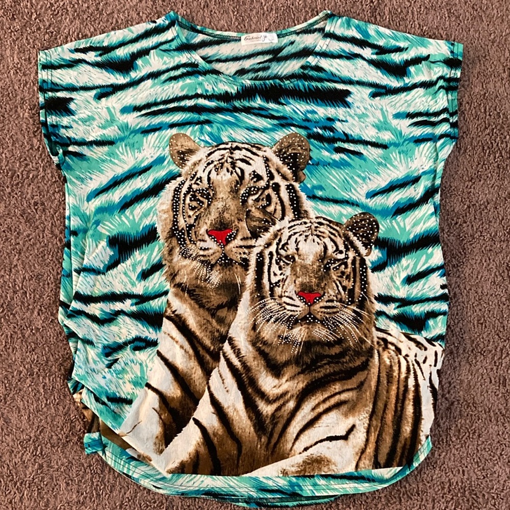 Gabriel Ye Tiger Stud Ruched Side Shirt Size XXL 
Green Brown Black White